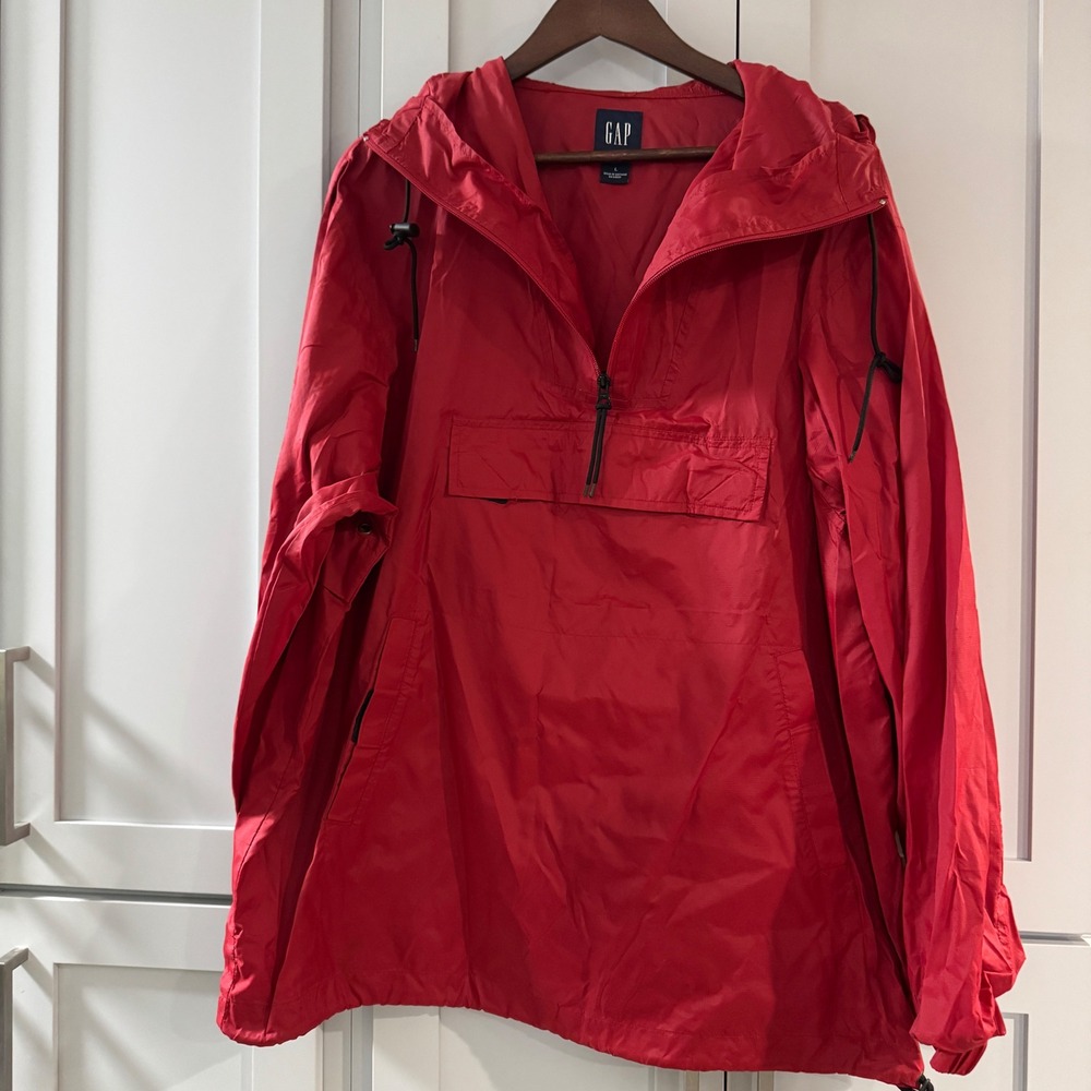 Vintage Y2K‎ GAP Men's Windbreaker Anorak Red Quarter Zip Hooded Jacket Large